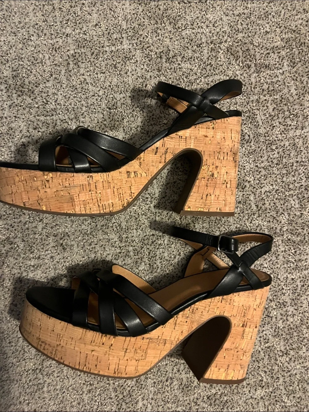 Crown Vintage Black Leather Cork Platform Wedge Strappy Sandals